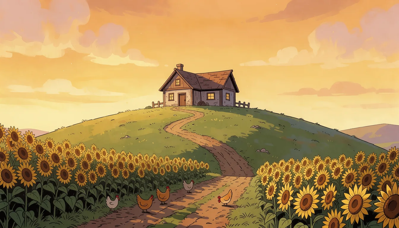 splash screen for a cozy farming game: a little farmhouse on a hill at golden hour, chickens, a winding path and fields of sunflowers