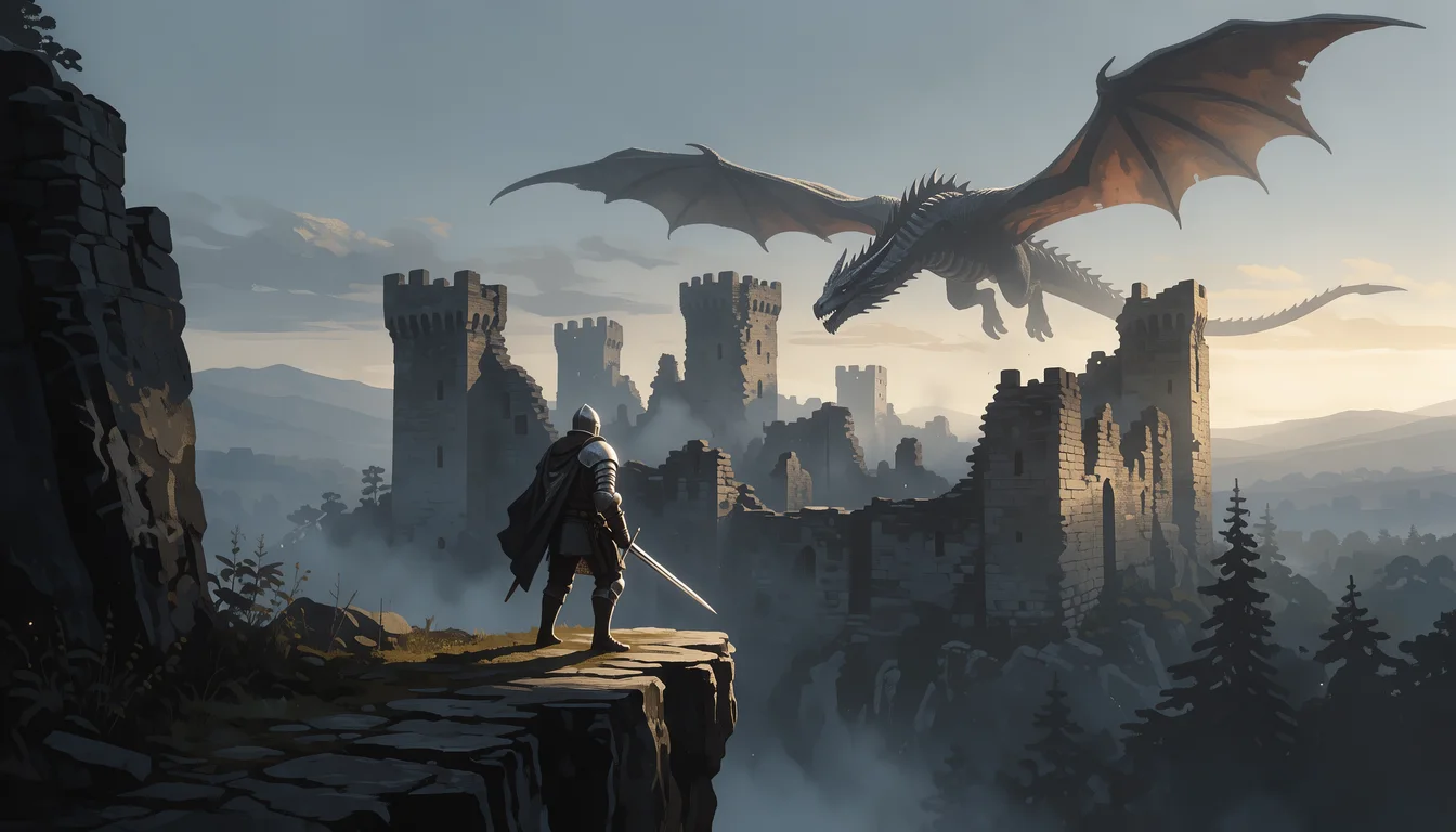 loading screen art for a fantasy RPG: a lone knight on a cliff edge facing a huge dragon circling a ruined castle at dawn, empty sky at the top for a title