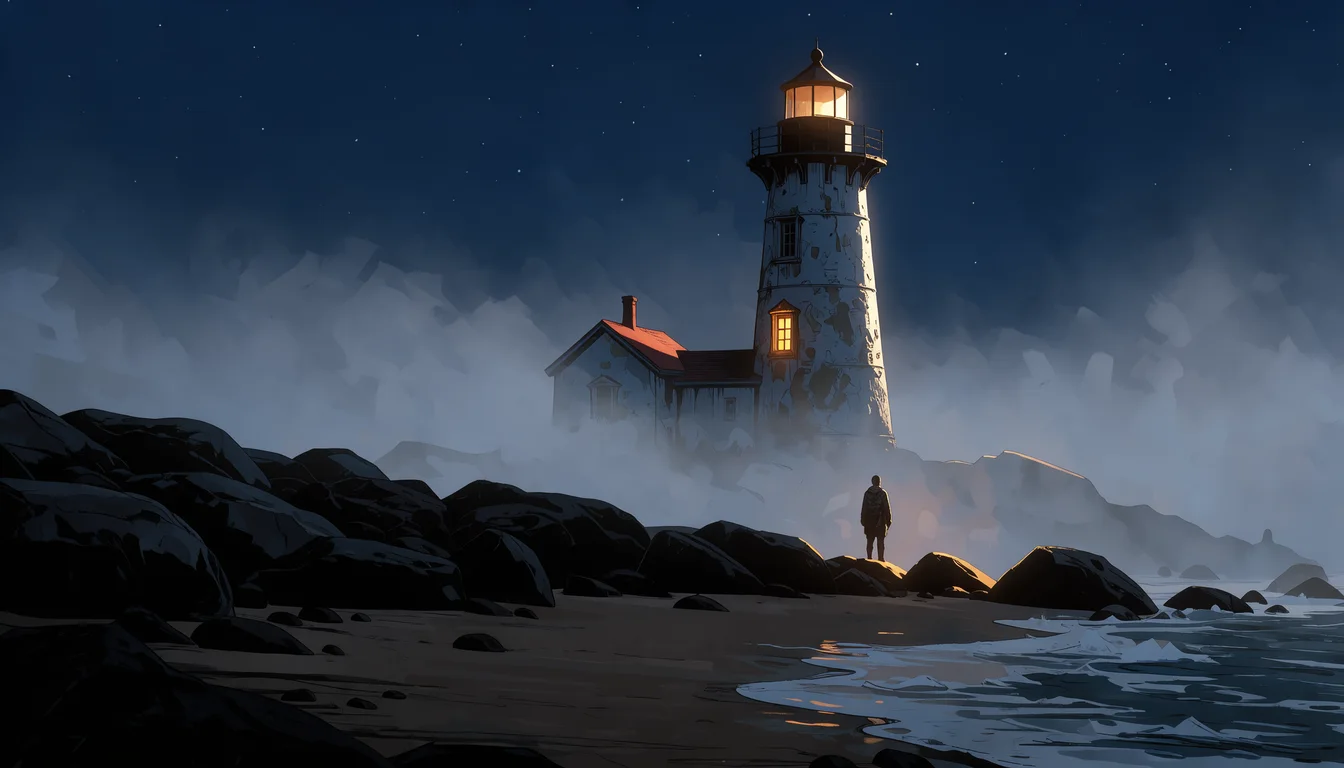 loading screen for a horror game: a foggy lighthouse on black rocks at night, a single lit window, a figure on the shore