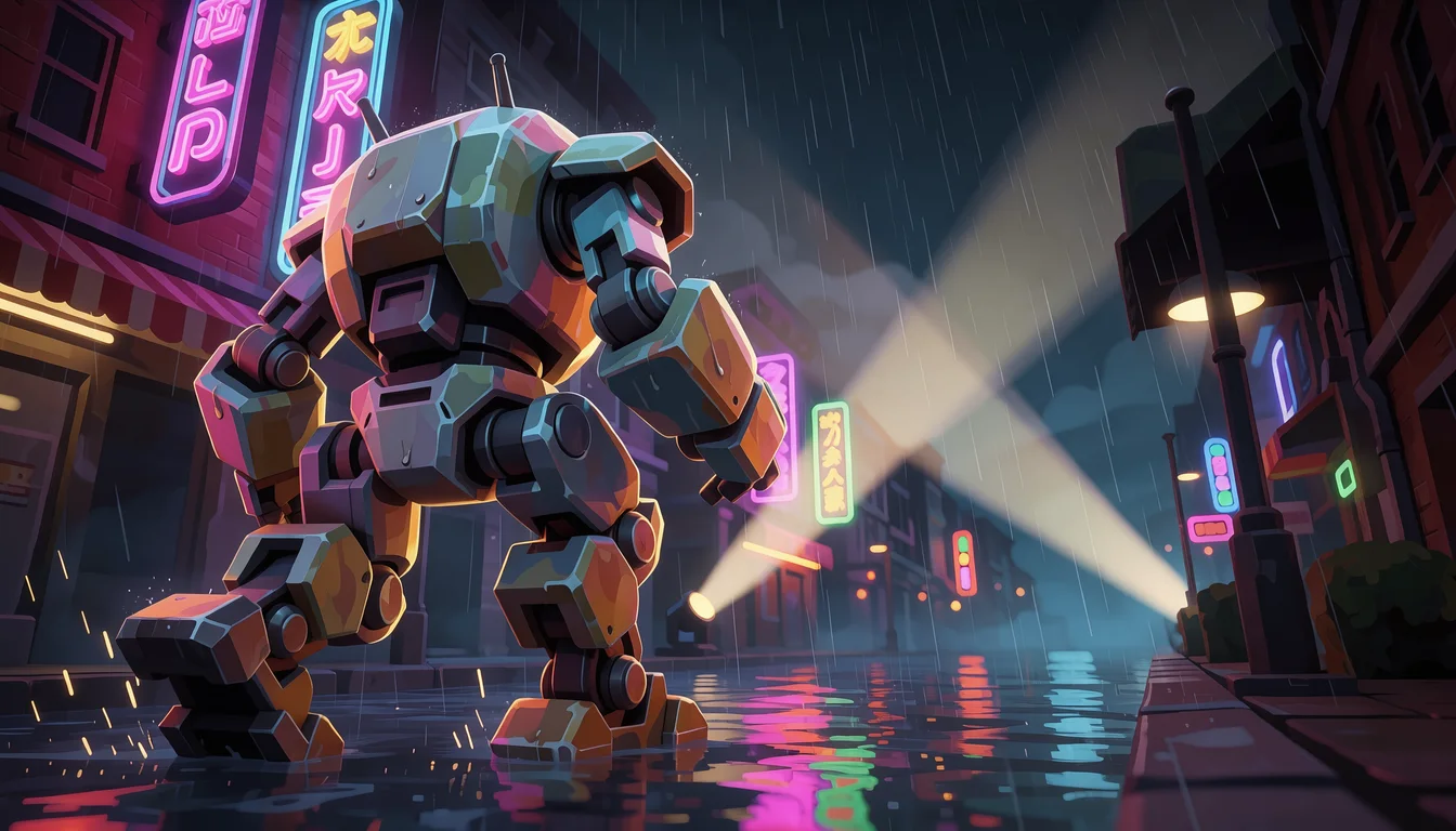 launch splash for a sci-fi mech game: a towering mech walking through a rain-soaked neon city street, sparks and searchlights