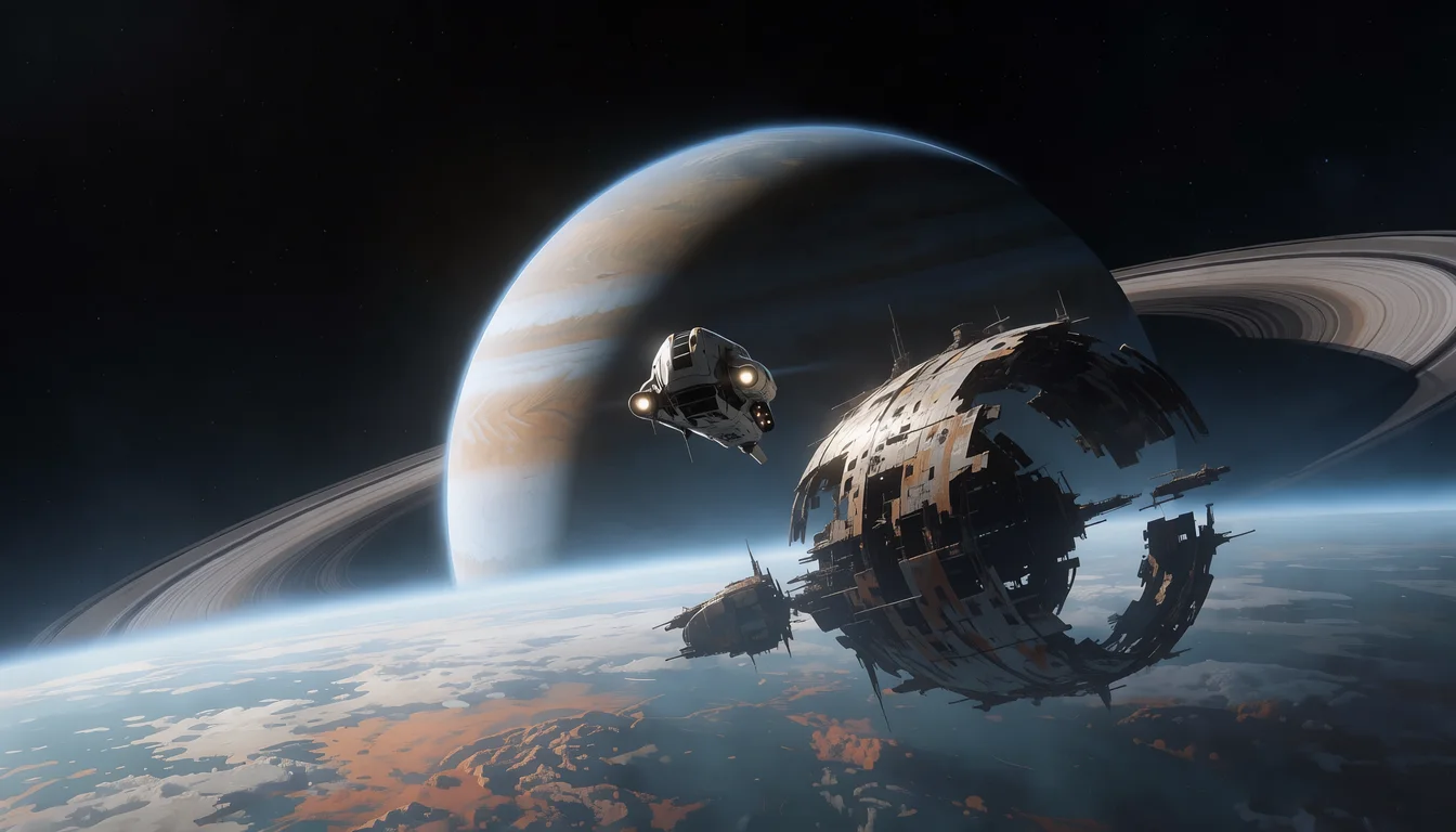 loading screen for a space exploration game: a small ship approaching a ringed gas giant with a derelict station in the foreground