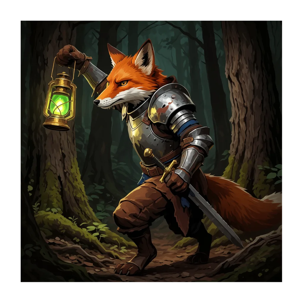 fox knight raising his lantern in a dark forest