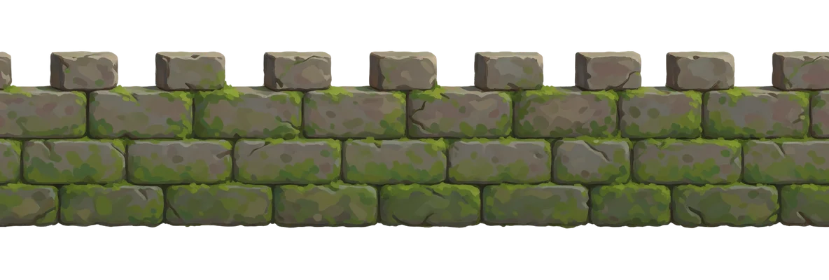 a castle wall walkway platform of mossy grey stone blocks with crenellations on top