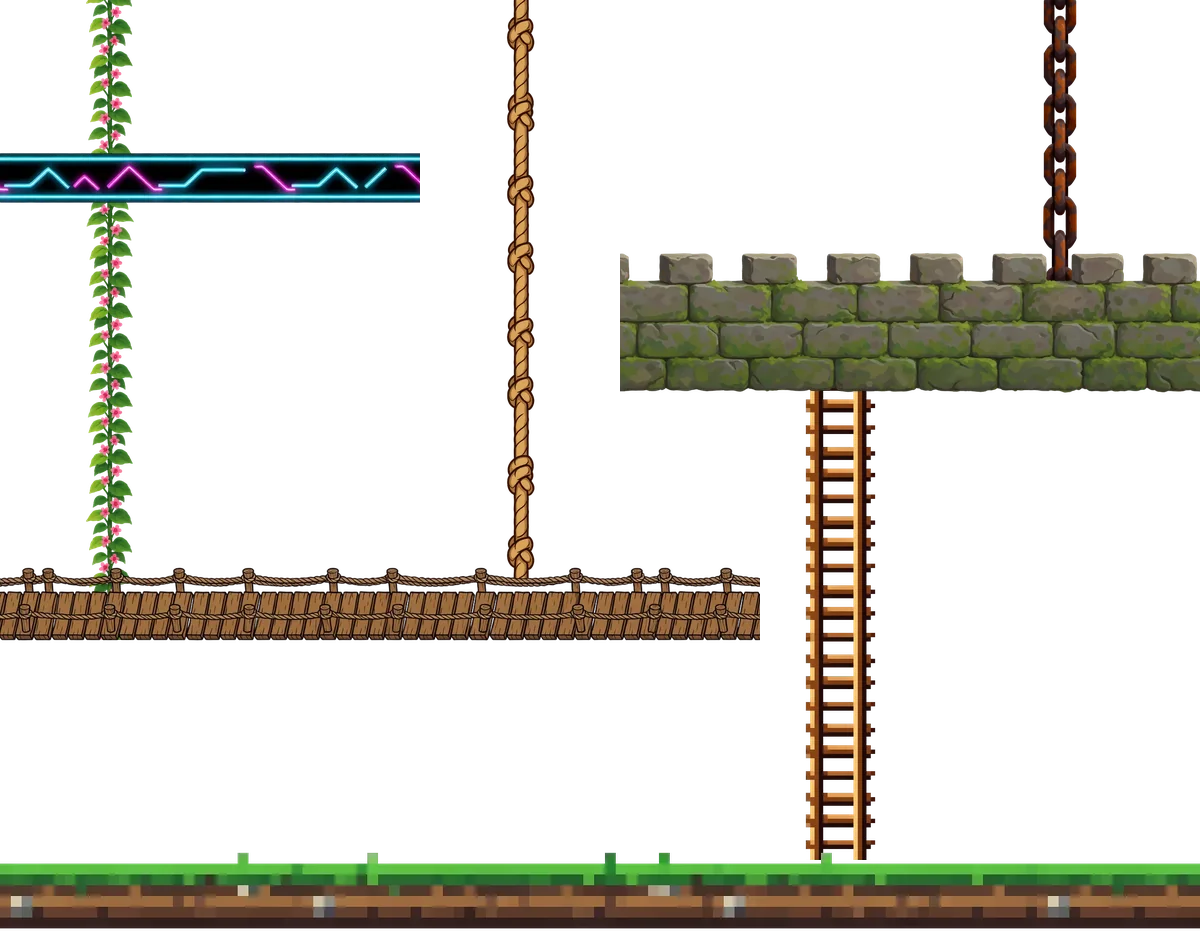 AI tiling sprites arranged as a level kit: a jungle vine, knotted rope, iron chain and ladder hanging, an energy beam, a castle wall, a rope bridge and a grass platform, each repeated past its own length