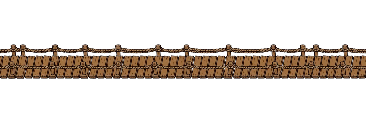 a straight wooden rope bridge seen from the side, evenly spaced planks of the same size, two taut rope railings with wooden posts