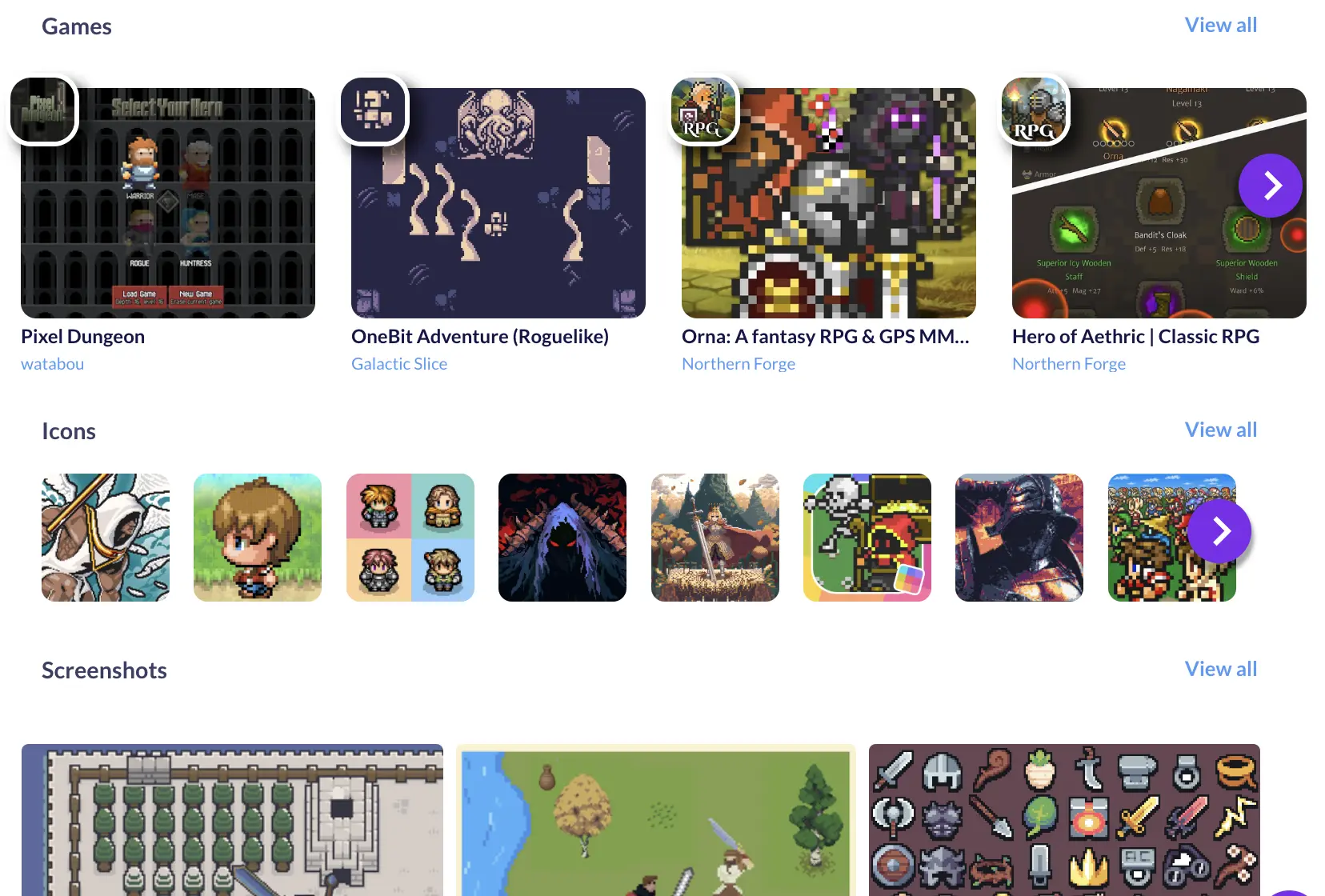 The Search interface, showing a search query and results (games, icons, screenshots). Ideally, the screenshot shows a search for something specific, like "pixel art RPG", and includes both game results and image results.