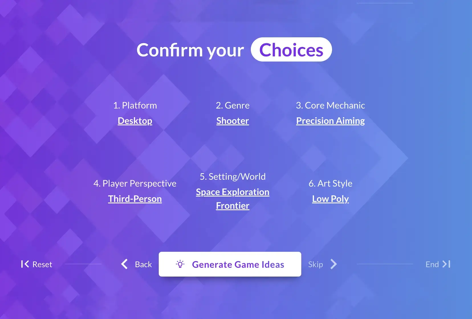 The step-by-step game ideator interface, showing the options summary at the end.